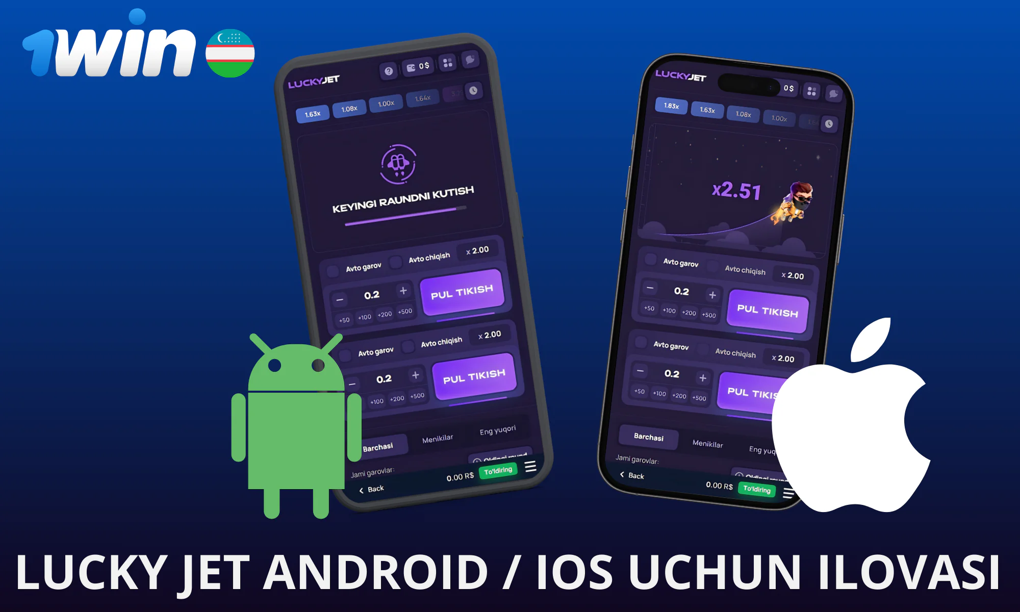 1Win Lucky jet o’yinini Android / IOS qurilmalarida ham o’ynash mumkin