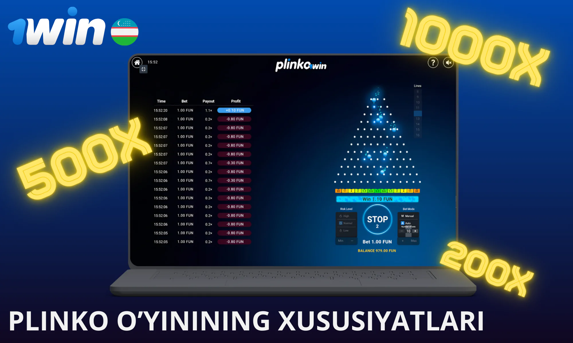 1win Plinko bilan yutib oling va 1000x gacha ko’paytiring