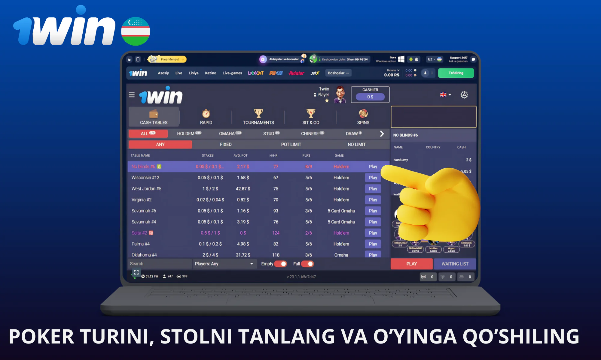 Poker turini, stolni tanlang va o’yinga qo’shiling