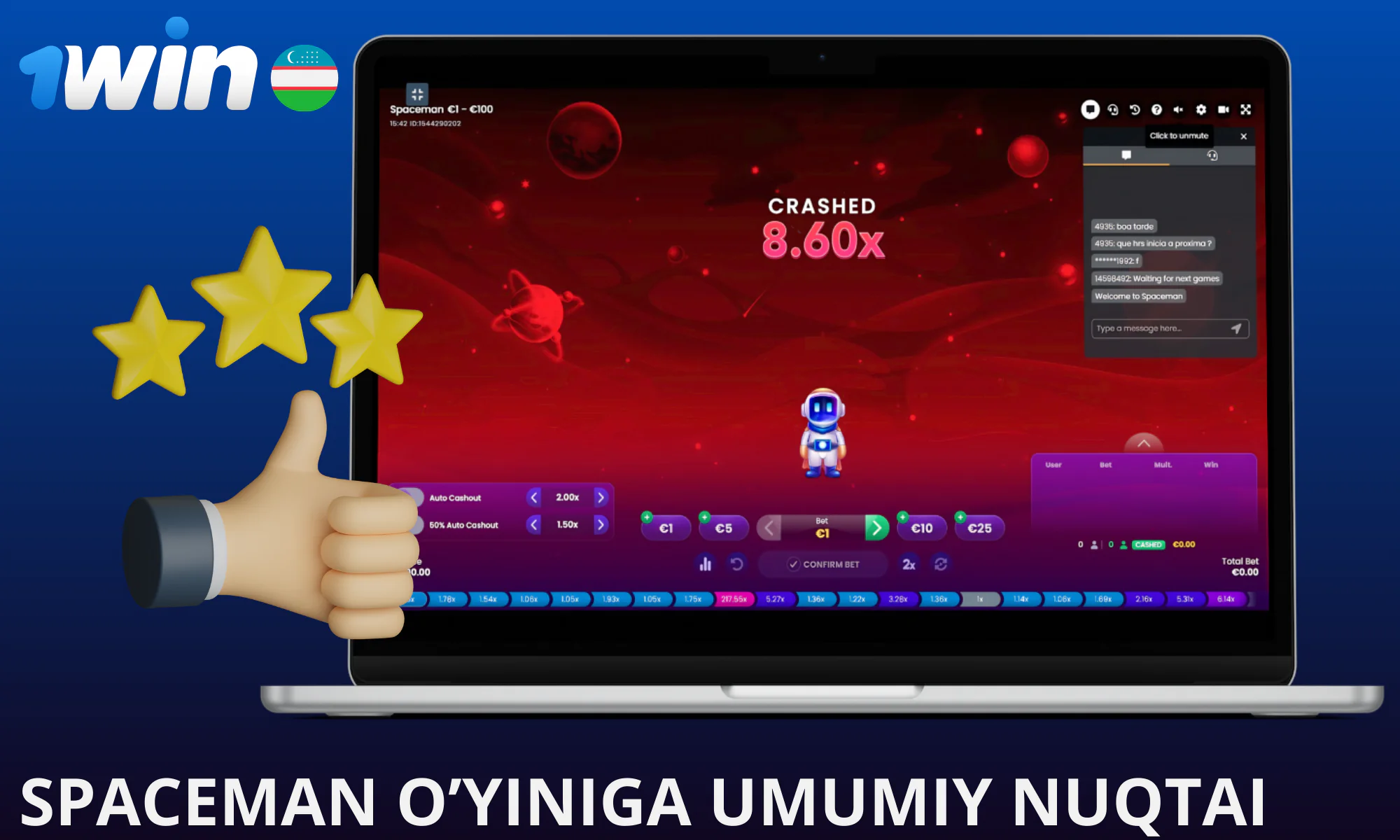 1win Casino Spaceman o’yinini batafsil ko’rib chiqishni taklif qiladi