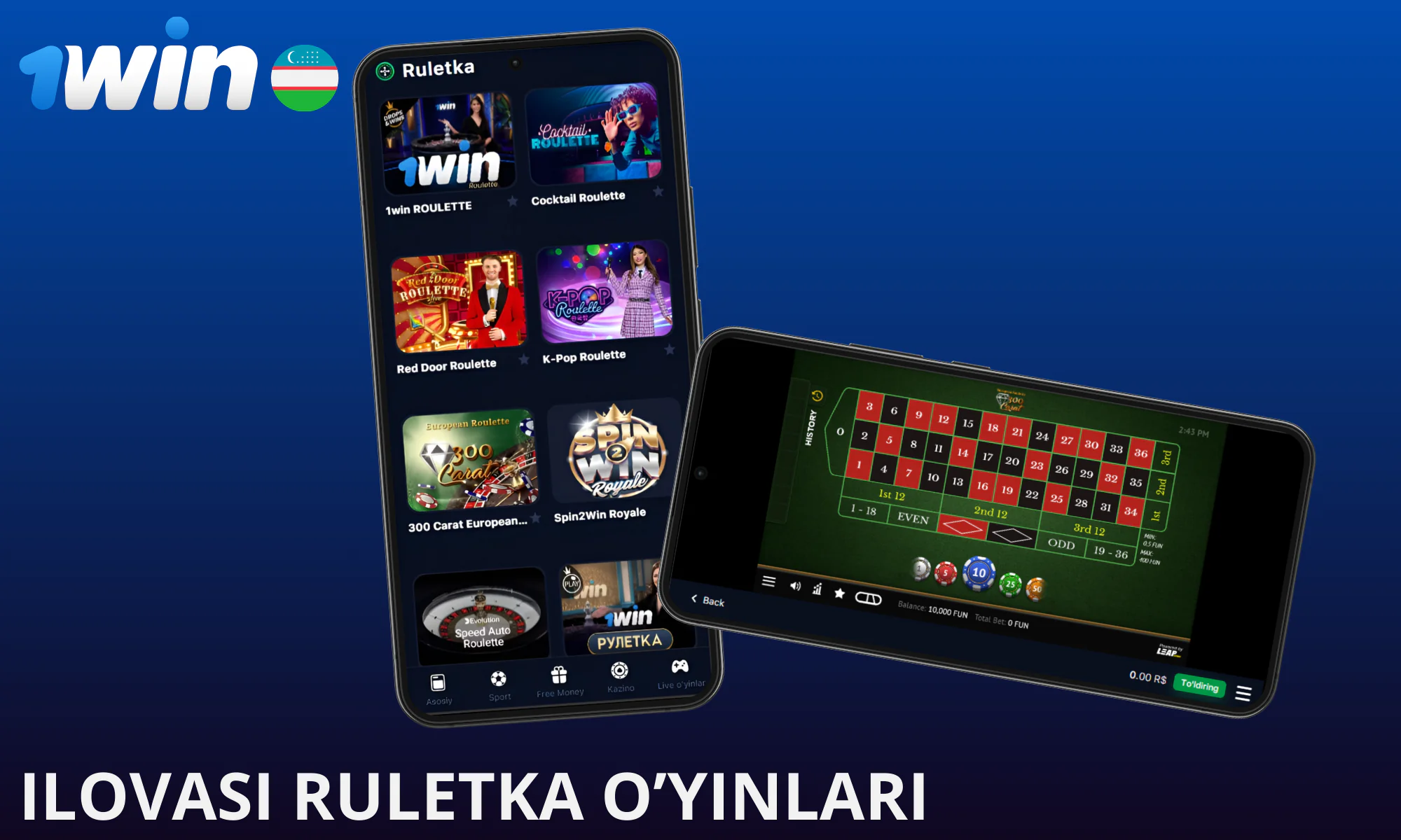 1Win-da rulet o'ynashingiz mumkin bo'lgan ilova mavjud