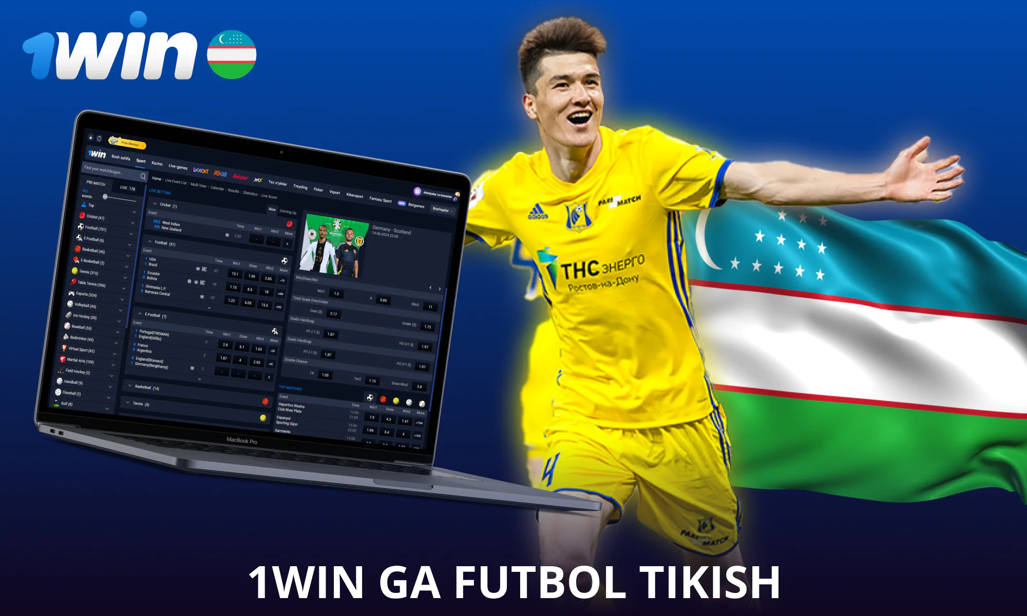 1win Uzbekistan da futbol tikish orqali katta o'ynang va g'alaba qozoning