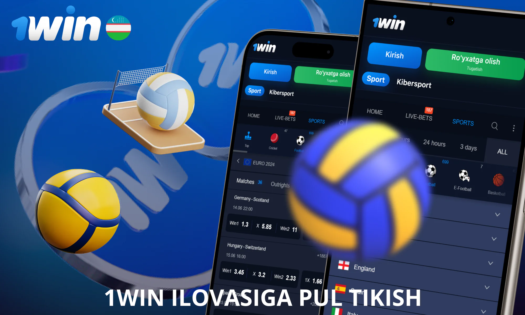 1win ilovasi bilan bir marta bosish orqali voleybolga garov tiking