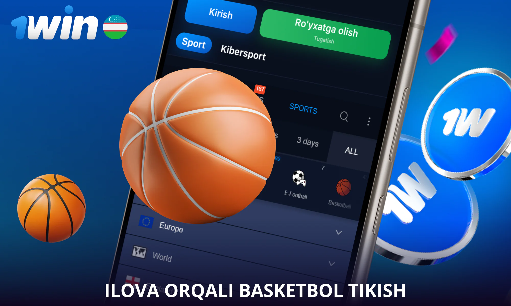 1win ilovasi bilan bir marta bosish orqali basketbolga garov tiking